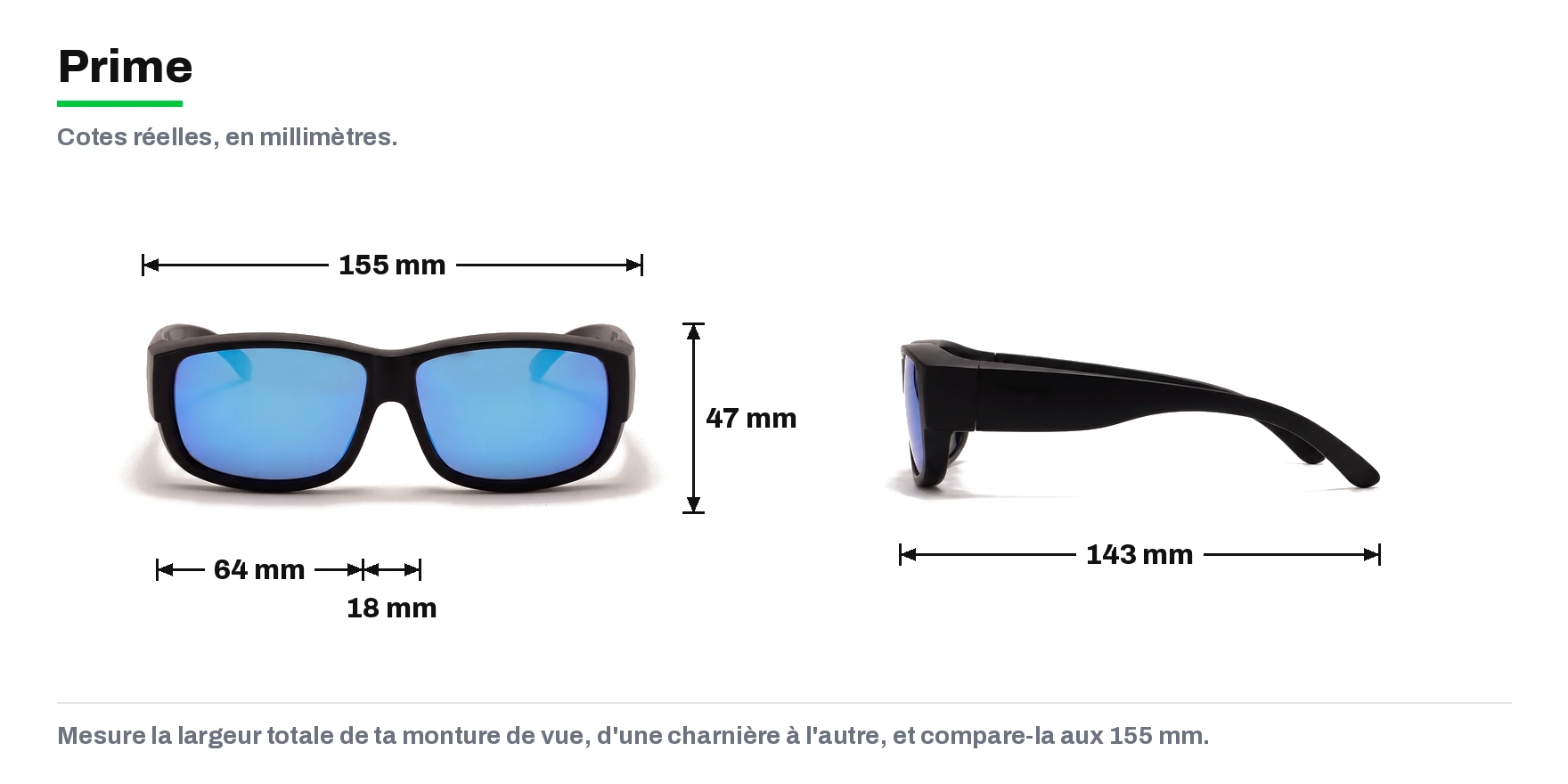 Cotes de Prime : largeur totale 155 mm, hauteur de verre 47 mm, largeur de verre 64 mm, pont 18 mm, branche 143 mm